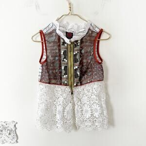 Wooxoom Paris Y2K Lace Embellished Sheer Sleeveless Zip Front Top S